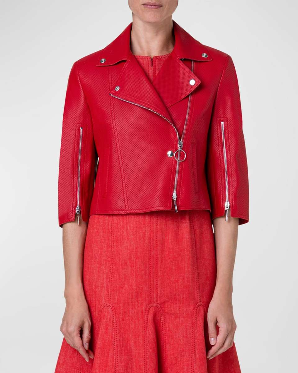 Perforated Nappa Leather Cropped Biker Jacket